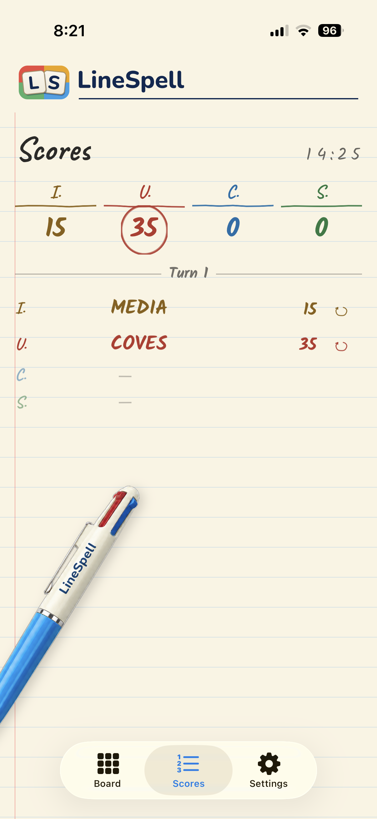 Pen and paper scoresheet
